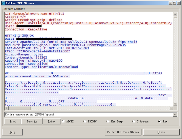 Word-asiakirjan TIFF-kuva mahdollisti Remote Code Execution:in, ja viruksen asennuksen verkosta. Kuvassa Word lataa virusta http-yhteydellä, jonka jälkeen exe käynnistyy.