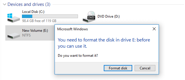 Salattua levyä ei tule formatoida, vaikka Windows näin kehottaa.